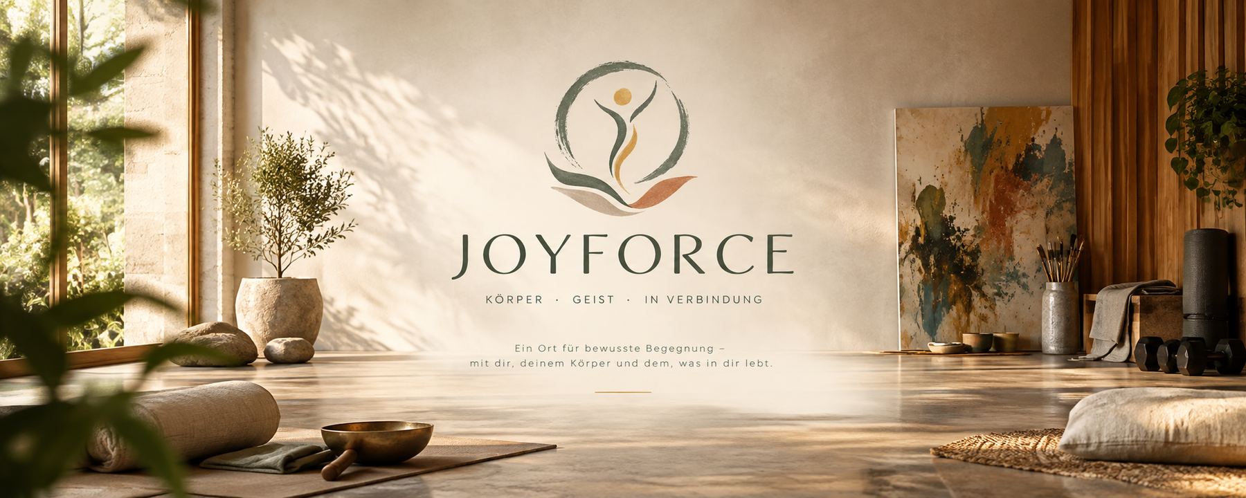 Joyforce — ein lichtdurchfluteter Raum mit Sitzkissen, Klangschale und Staffelei, Sinnbild für die sieben Bausteine des Hauses.